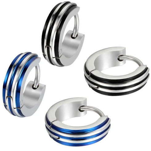 316L Surgical Steel Striped Blue/Black Men Women Hypoallergenic Hoop Earrings